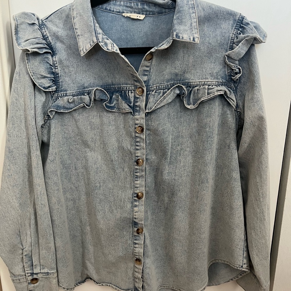 Denim Ruffle Button-Up Shirt